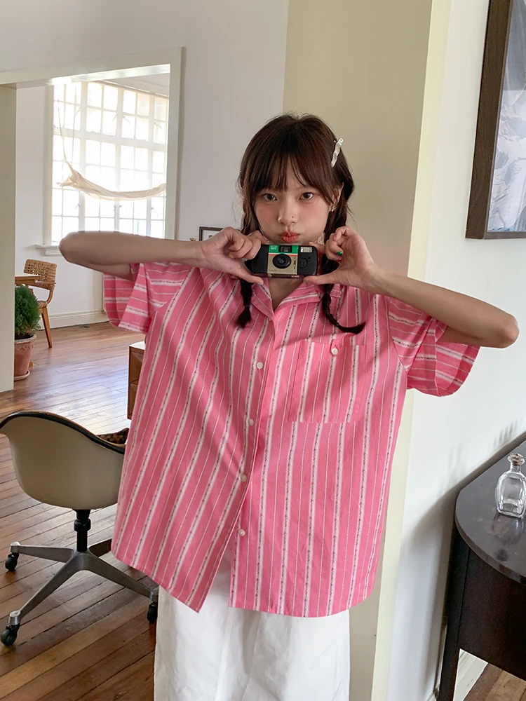 

Pink Striped ort Sve Loose irt Women's Summer New Sweet Design Casual Top Comfortable Breathable Faionable Commute S...