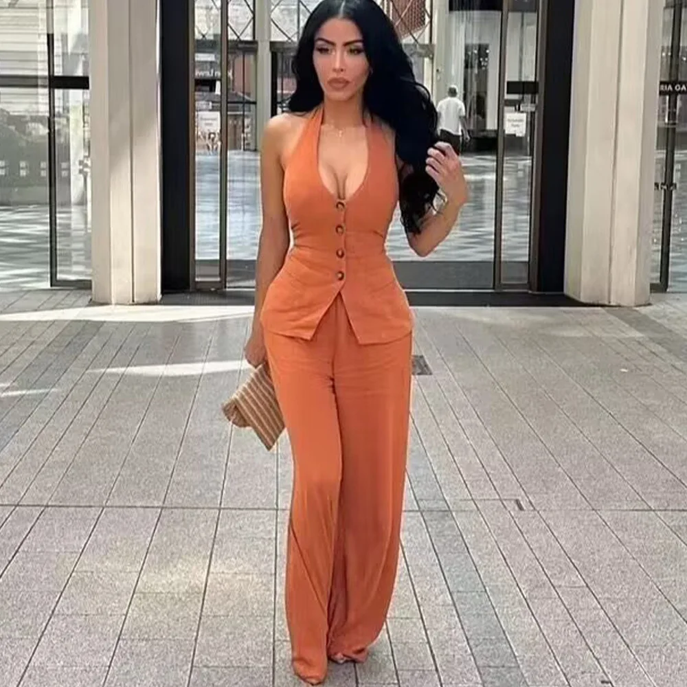 

Fashionable Temperament Commuting Women's Solid Color Suit Sexy Backless Lace-up Single-breasted Halter Neck Top +trousers Suit