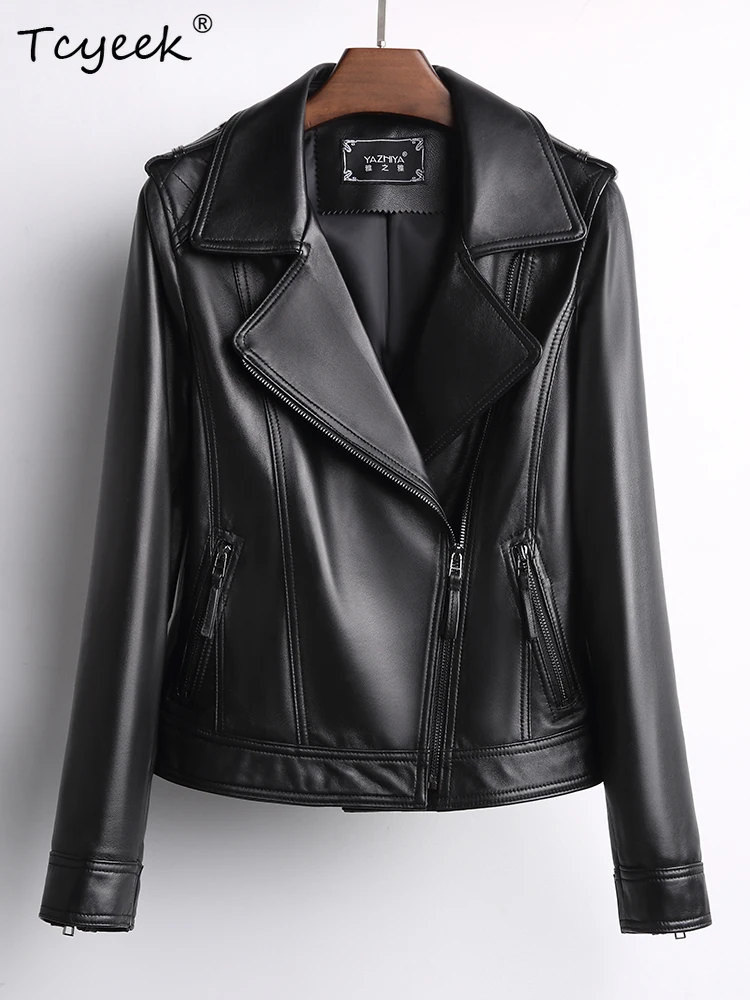 Tcyeek Schaffell Frauen Leder Jacke Frühling Herbst Anzug Kragen Lange Ärmeln Schwarz Kurze Motorrad Jacke Chaqueta Cuero Mujer
