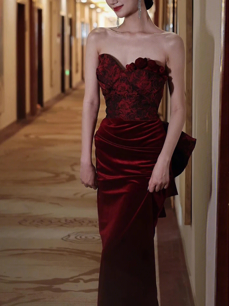 

Red Fi Tail Wedding Dr Evening Gown for Bride High-End Luxury Engagement Par Celebration Velvet Fabric Korean Sle