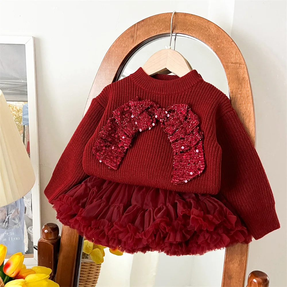 Girls Knit Sweaters And Ball Gown Skirt 2 Pcs Sweater Suit 2-6Y Girls' Clothing Set Autumn/Winter Fashionable New Party Suit For