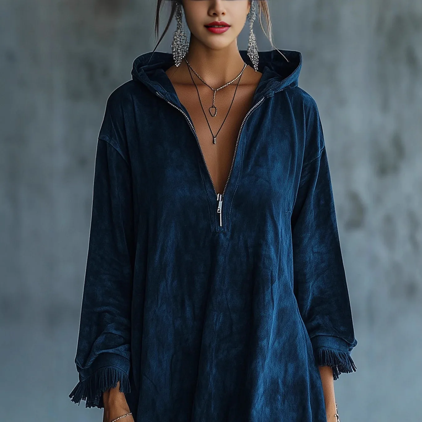 أزياء الرجعية الجلد المدبوغ شرابة البسيطة اللباس مقنعين سستة الخامس الرقبة طويلة الأكمام هام هام فستان فضفاض الربيع حزب اللباس #2