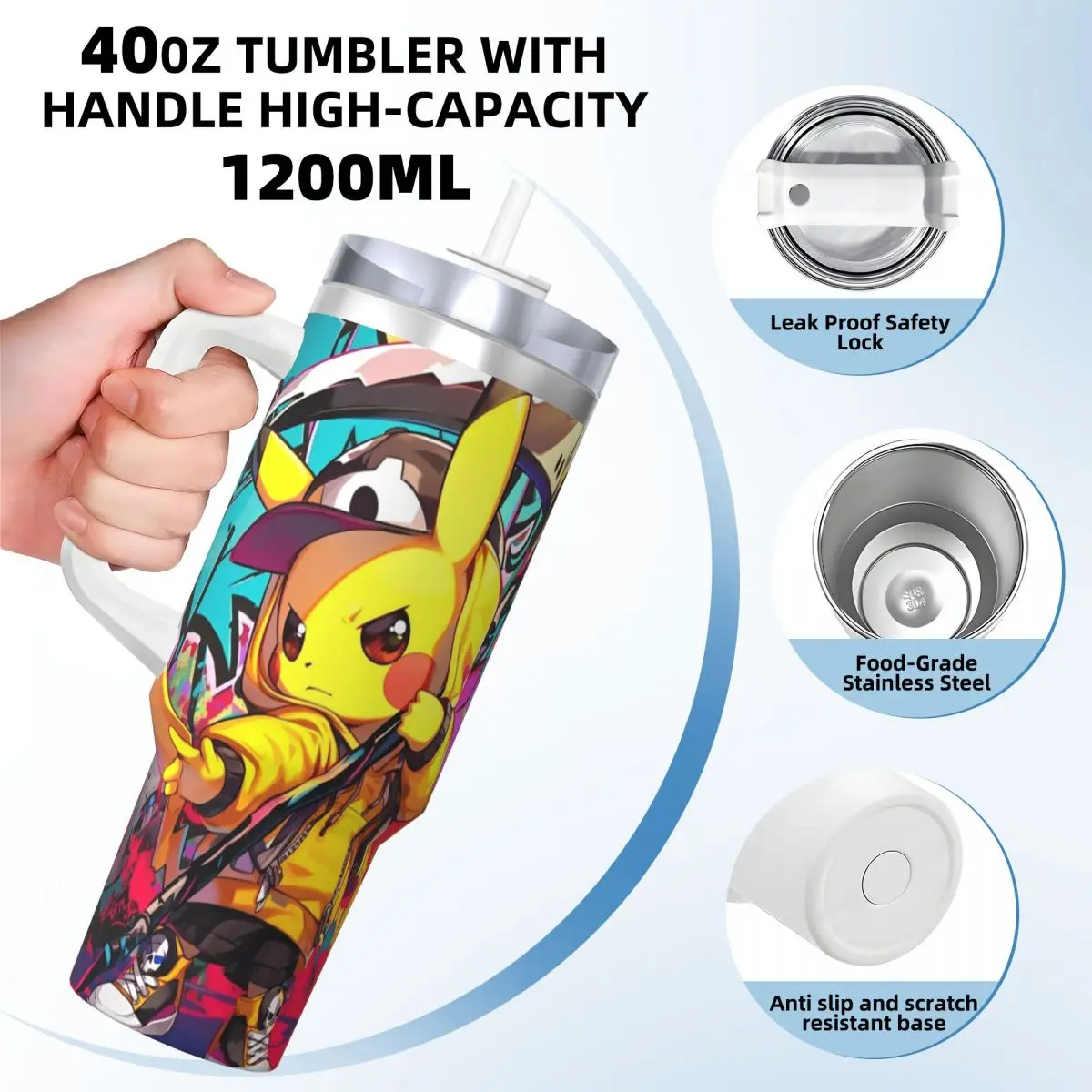 Japanese Anime Pokemon Stainless Steel Tumbler Travel Thermal Mug With Straws and Lid 40oz Car Mugs Hot Drinks Water Bottle