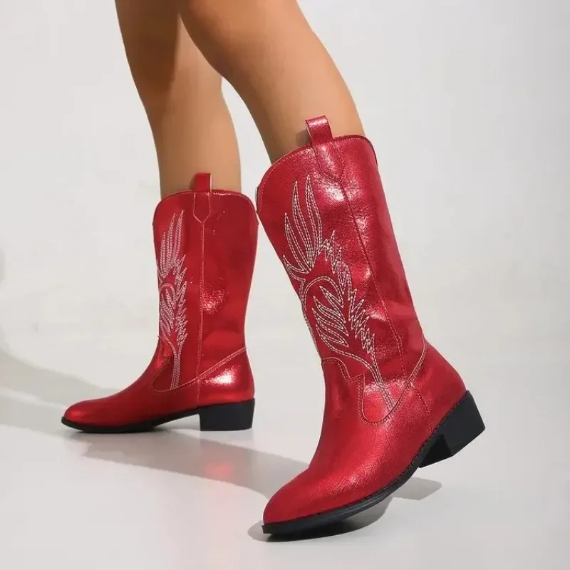 2024 Winter New Fashion Western Cowboy Boots Women Pointed Toe High Heel Shoes Ladies Embroidery Chelsea Boots Zapatos Mujer