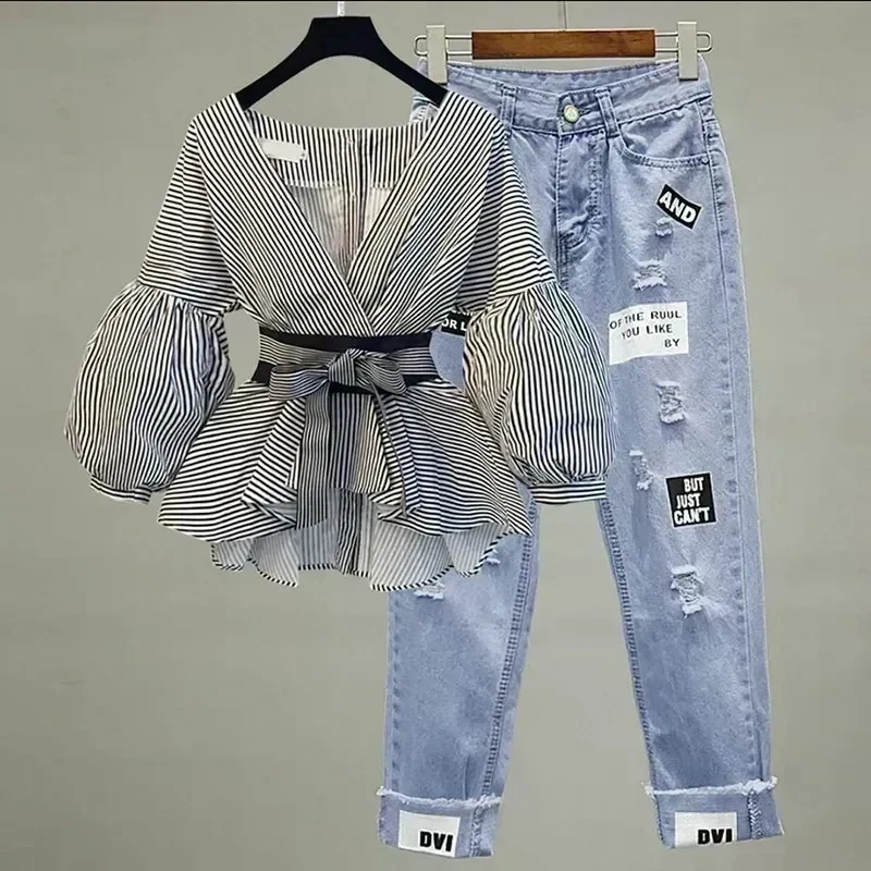 Women Elegant Sets V-Neck Stripe Lantern Sleeve Bow Belt Chiffon Shirt & Blouse Top Korean Ripped Jeans Office Lady Casual Suits