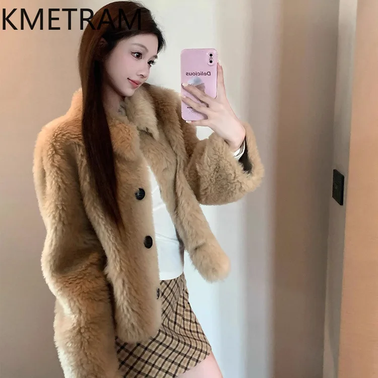 KMETRAM 100% Wool Coats Women Korean Style Short Sheep Shearling Jacket Warm Fashion Winter Fur Coat Woman Clothes 52cm 2026 출근룩