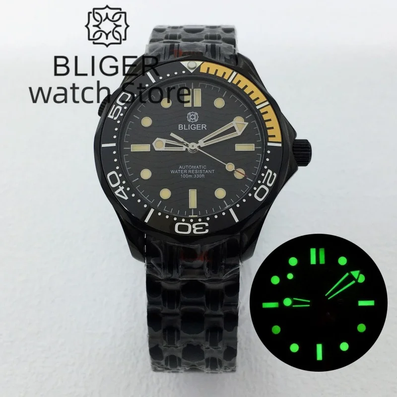 BLIGER 41mm NH35 Self-winding Men's Watch Black Dial C3 Luminous Index Sapphire Glass Spiral Crown Stainless PVD Black bracelet