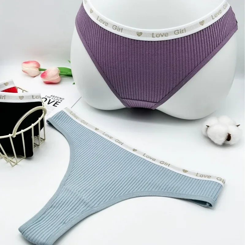Cotton Threaded Thongs for Women Simple Low Waist Letter Belt Seamless Underwear Soft Thin Bikini Breathable Panties Lingerie
