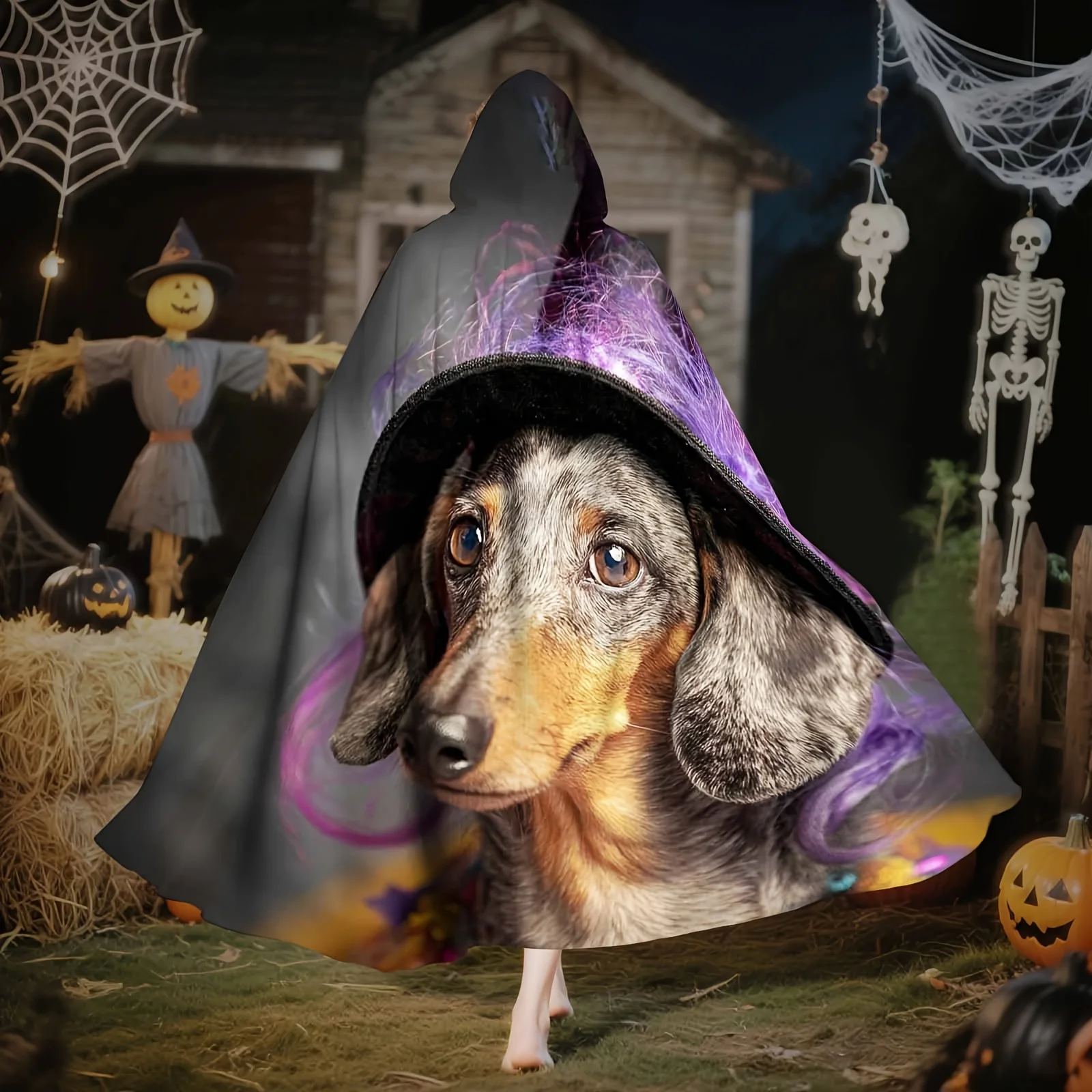 1pc Unisex Adult Dog Print Hooded Cape Costume with Witch Hat - Wizard Vampire Raven Role-Play Cloak for Halloween