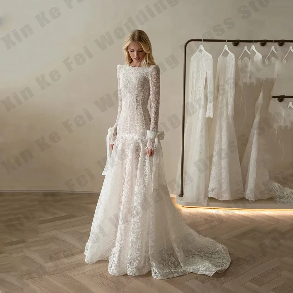 lvory Lace Wedding Dresses O Neck Full Sleeves Bow Mermaid Formal Bride Gowns Sweap Train Modest Prom Dress Customized Robe 2025