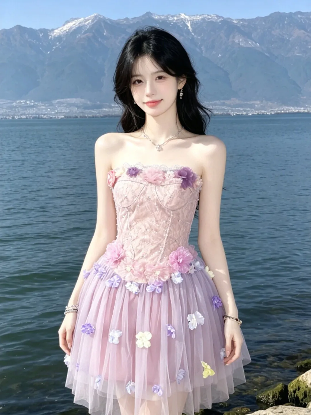 

Gentle Wind Beautiful Floral Tulle Dress Absolutely Stunning Summer 2026 Women's Sleeveless Wrap Dress Casual City Walk