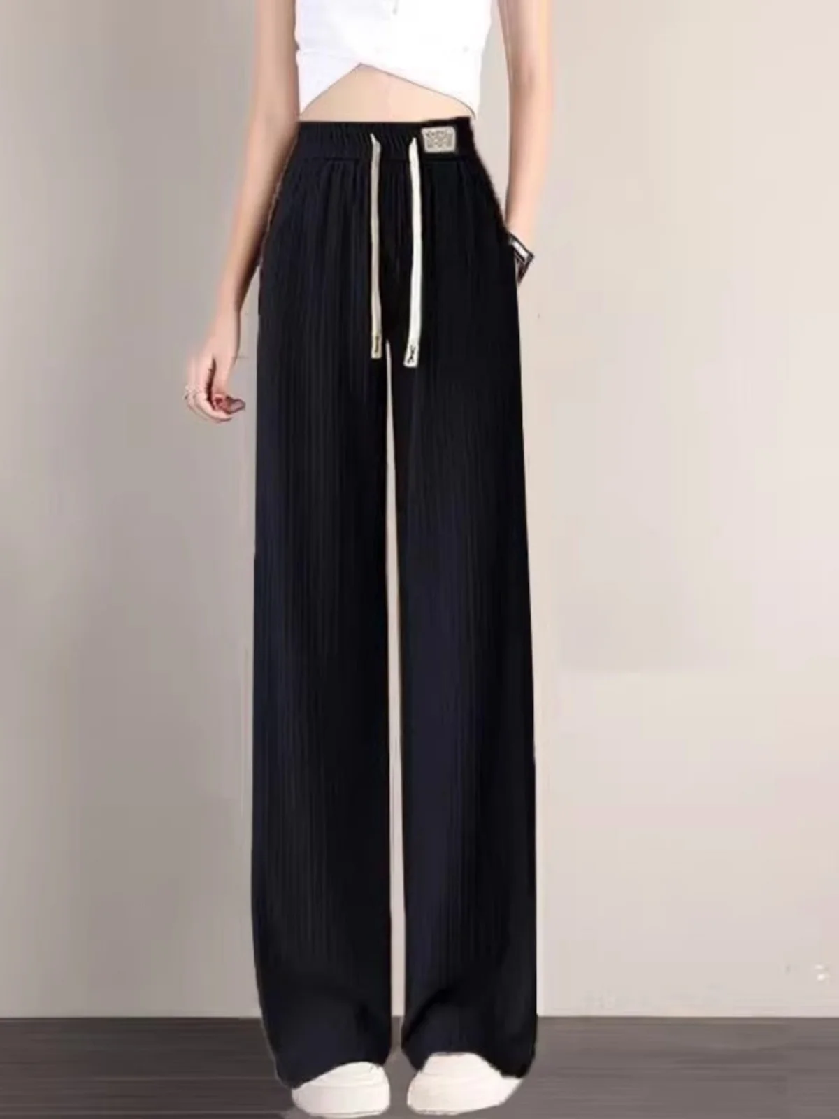 レディースサマー薄氷シルクゆったりワイドレッグパンツカジュアルストレートチューブトラウザーズハイウエスト九分丈中国ブランド女性用ジーンズ