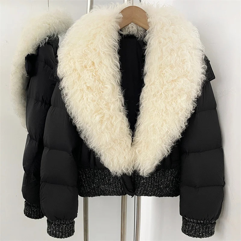 women's winter down jacket 2026 new detachable wool collar women's down coat Knitted and spliced duck down warm thick coat y2k
