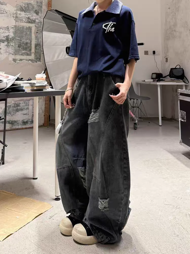 المرأة السوداء القوطية Y2k فضفاض ممزق الجينز Harajuku خمر سراويل جينز اليابانية 2000s نمط الجرونج ايمو الجينز السراويل الملابس