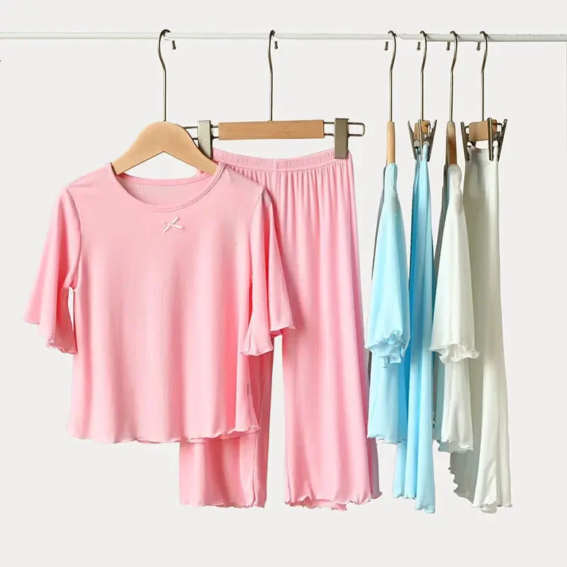 Conjuntos de Verano para Niñas, Conjunto de Manga Corta de Seda de Hielo, 2 Piezas, Ropa para el Hogar, 2-10 Años, Pijamas de Color Puro para Niñas