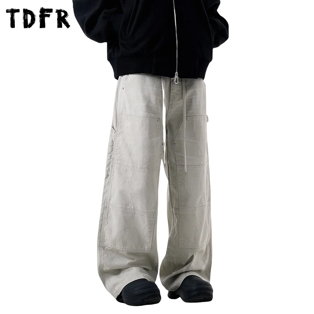 Washed Distressed Spliced Cargo Pants Mens Retro Streetwear Ripped Straight Wide Leg Loose Trousers Men