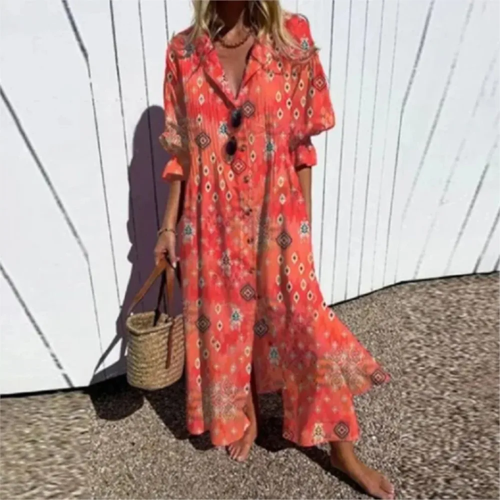 2025 Women's New Pleated Printed Commuter Dress Office Lady Geometric Printed Single Breasted Split Shirt Dress Vestidos Mujer