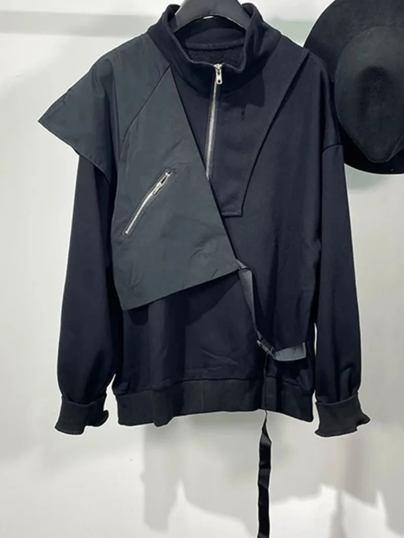 Dark Style Men Pullover Sweater Trendy Splicing Fake Two-piece Standing Collar Long Sleeve Handsome Male Pullovers AS34
