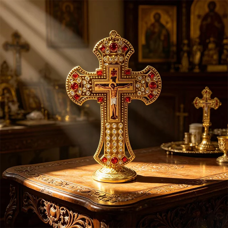 

15cm Gold Plated Standing Crucifix Cross with Red Rhinestones & Jesus Icon for Church Home Altar Prayer Christian Religious Deco