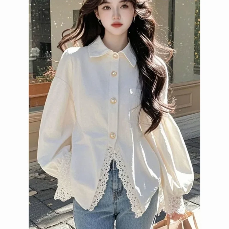 

Высококачественная белая кружевная рубашка для женщин, весна 2024, новый дизайн, топы в западном стиле