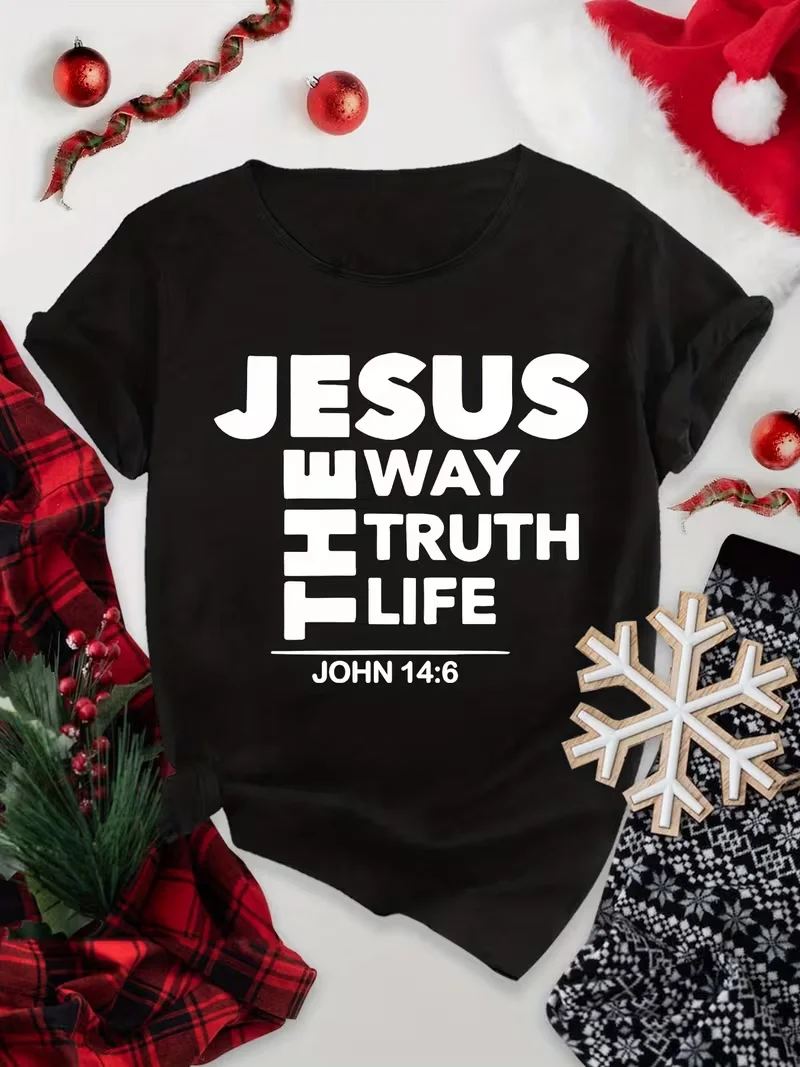 Jesus The Way Truth Life Print Women T-Shirt Casual Short Sleeve Tee All Season Comfort Ladies Top T Shirt Daily Wear Streetwear