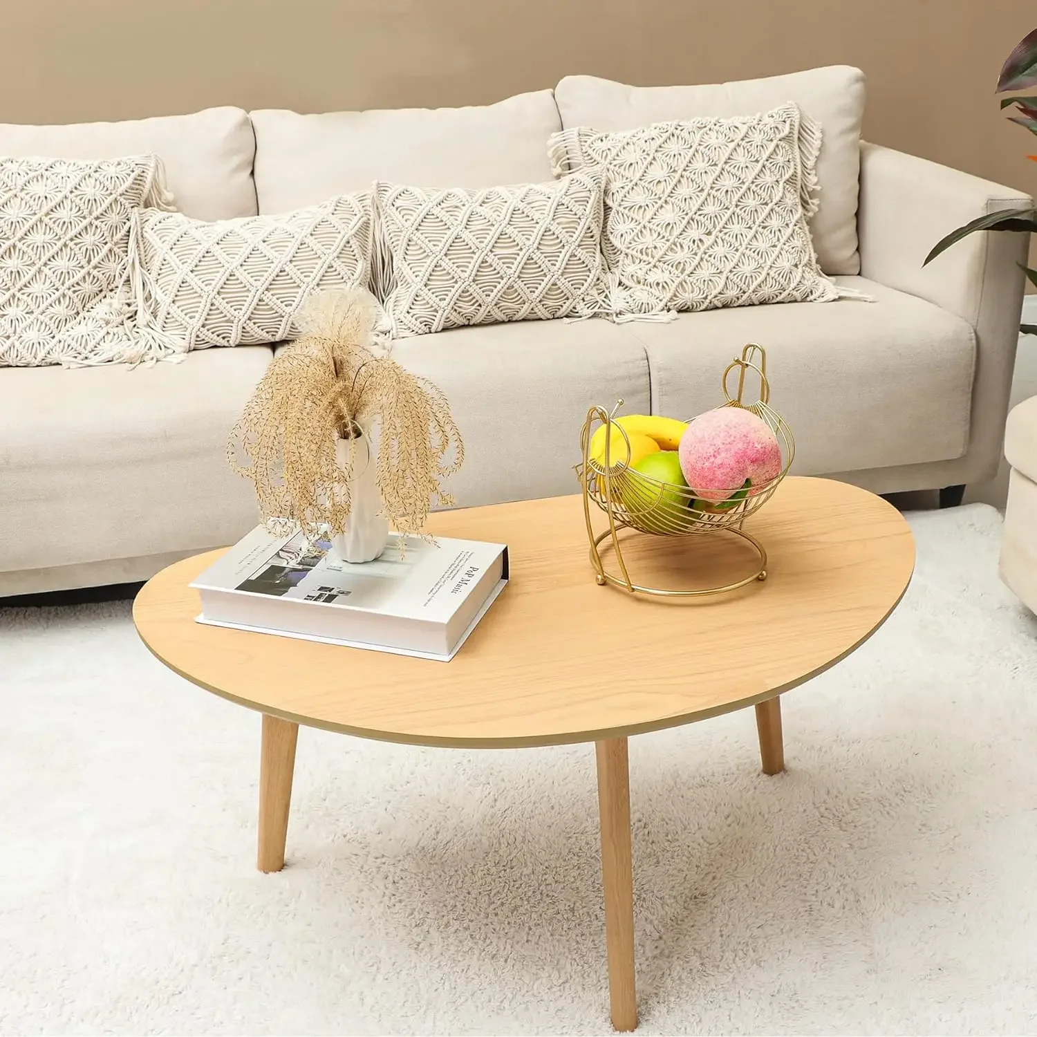 Small Oval Coffee Table Mid Century Modern for Living Room Center Minimalist Display Coffe Table,Nature Wood,18.9