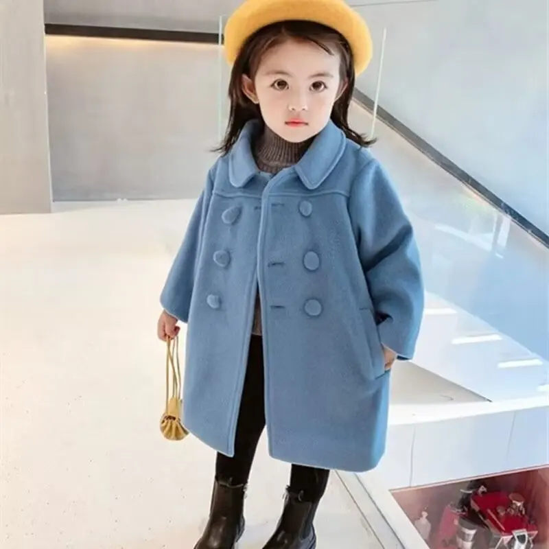 Winter Girl Baby Jacket Outdoor Cardigan Children\'s Medium Length Woolen Cotton Coat Thickened Double Breasted Jacket New 2024