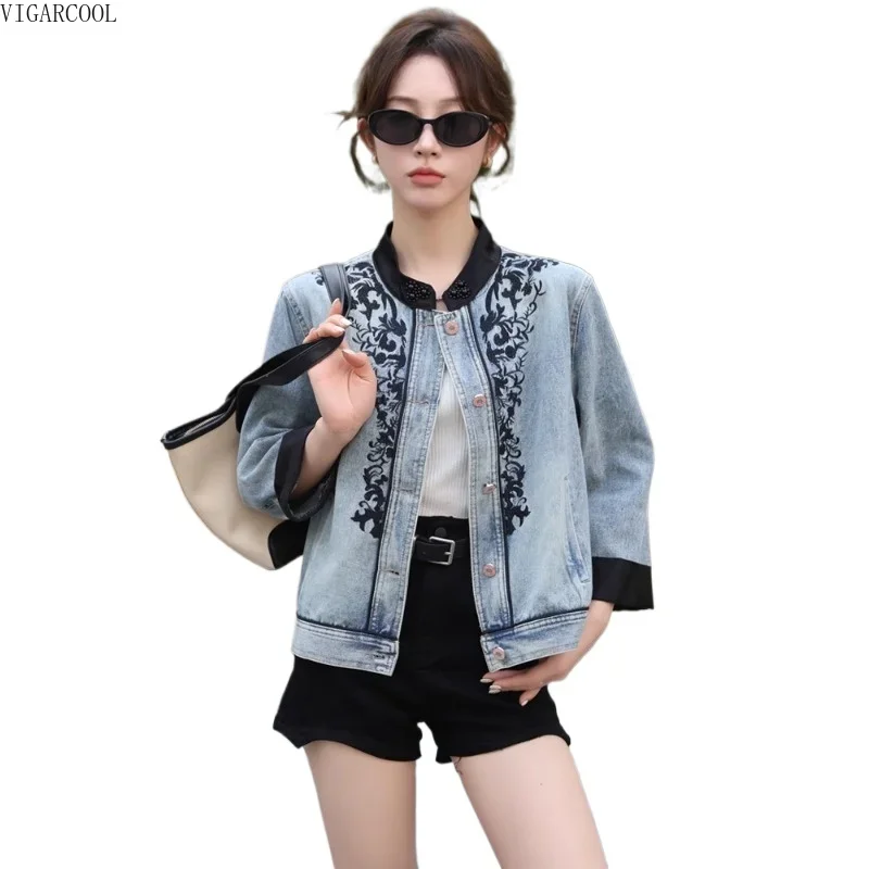 Blue Embroidered Cowboy Jacket for Women, Spring and Autumn New Collection, Korean Style, Design Sense, Small Jacket Top