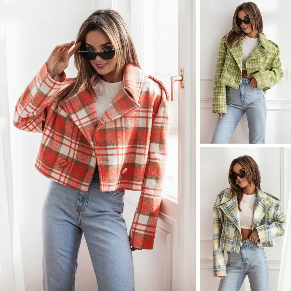 Retro Jacket Plaid Print English Style Women's Cardigan Coat with Button Decor Fall Winter Outerwear Jacket for Women Turn-down