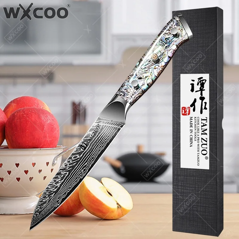 WXCOO 5 Inches Paring Knife Kitchen Knife Accessories with Gift Box Real 67 Layer Damascus Steel Cook Knife Anti Rust Fruit
