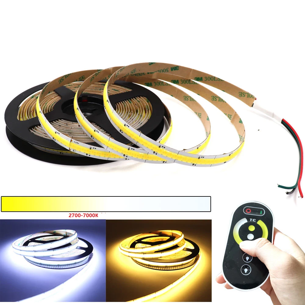 LED COB Strip CCT Dimmable Double Color 2700-6500K 4000k Adjustable Dimmer 15w 608 leds/m 12V 24V Flexible COB Tape CRI90