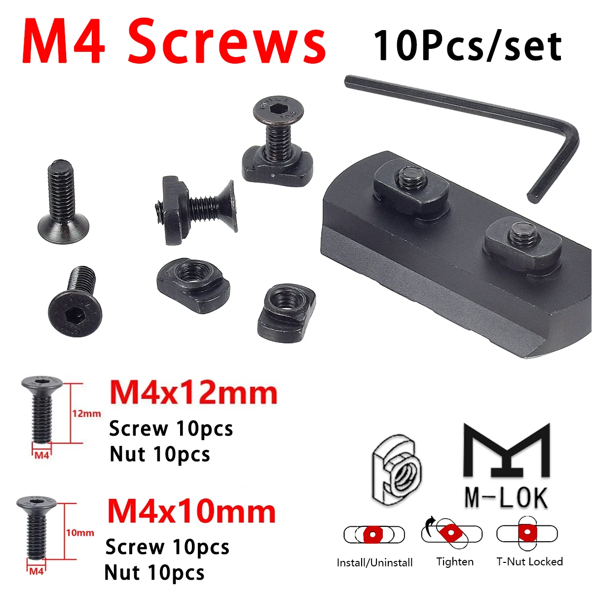 

10 Pcs/set M-LOK M4 Screw and Nut Replacement Rail Hex Wrench T-Nut Screw Replacement Set For M-LOK Rail Hunting Gun Accessories