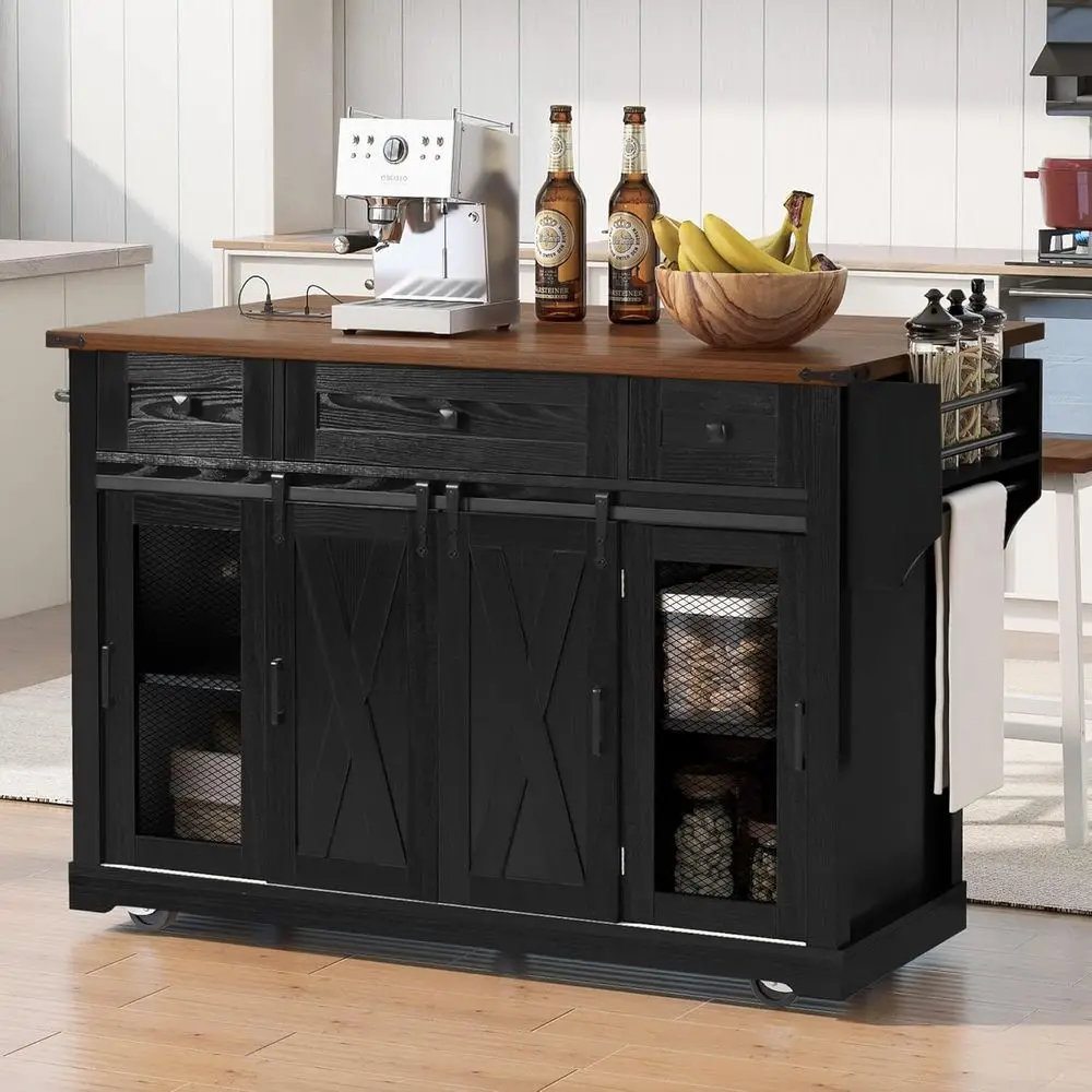 

Kitchen Island Cart with Drop Leaf, Power Outlet, Sliding Barn Door, Breakfast Bar, Glass Holders, Spice Rack, Ash Black