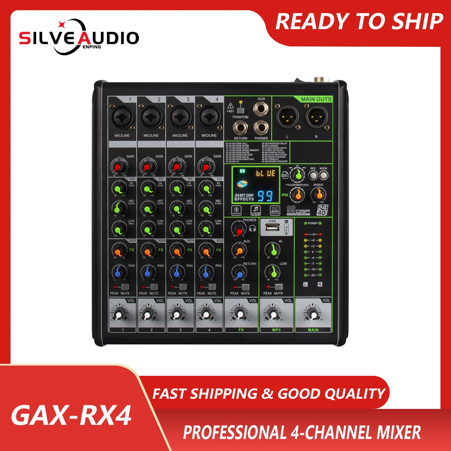 

GAX-RX4 4-channel small mixer home computer recording sound card live mixer USB Blueteeth DJ mixer