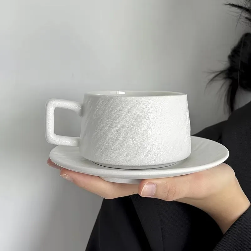 Nordic stone pattern ceramic coffee cup and saucer set, simple matte porcelain food grade mug