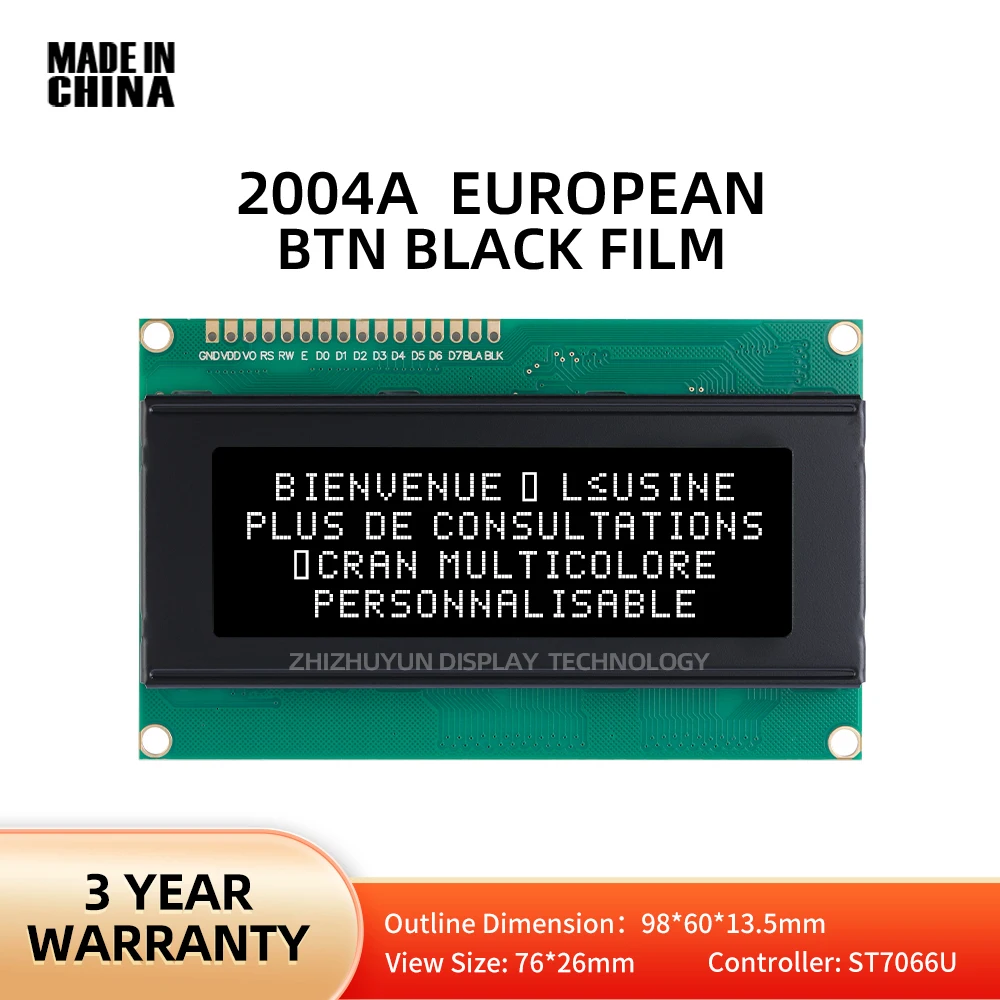 Kunden spezifische sprache 2004a europäisches zeichen lcd modul btn schwarzer film weißer text 98*60mm lcm anzeige modul punkt matrix bildschirm