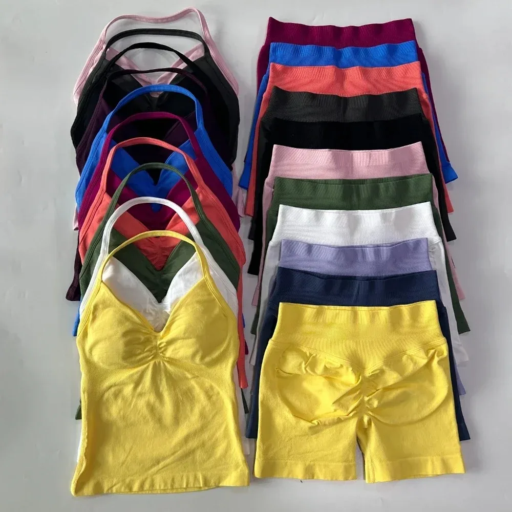 2 Pieces Sport Set Women Backless Tank Tops High Waist Scrunch Seamless Shorts Sport Suit Gym Set Sportswear Workout Set