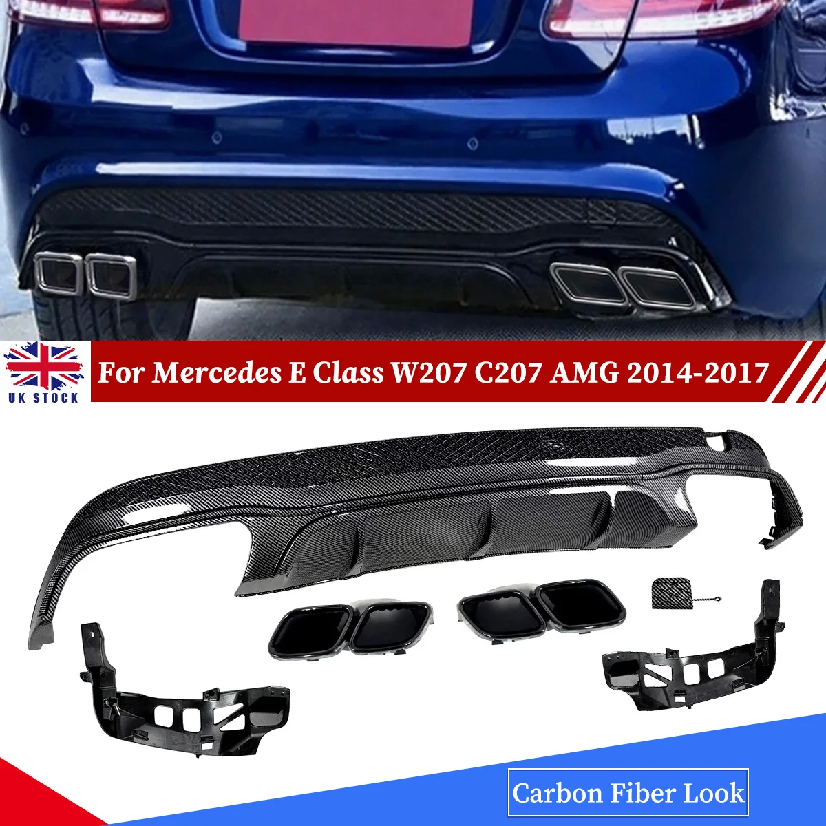 Für Mercedes Benz E-Klasse W207 C207 Coupé AMG 2014~2017 Carbon-Optik Heckdiffusor mit Schwarzem Auspuffendrohr