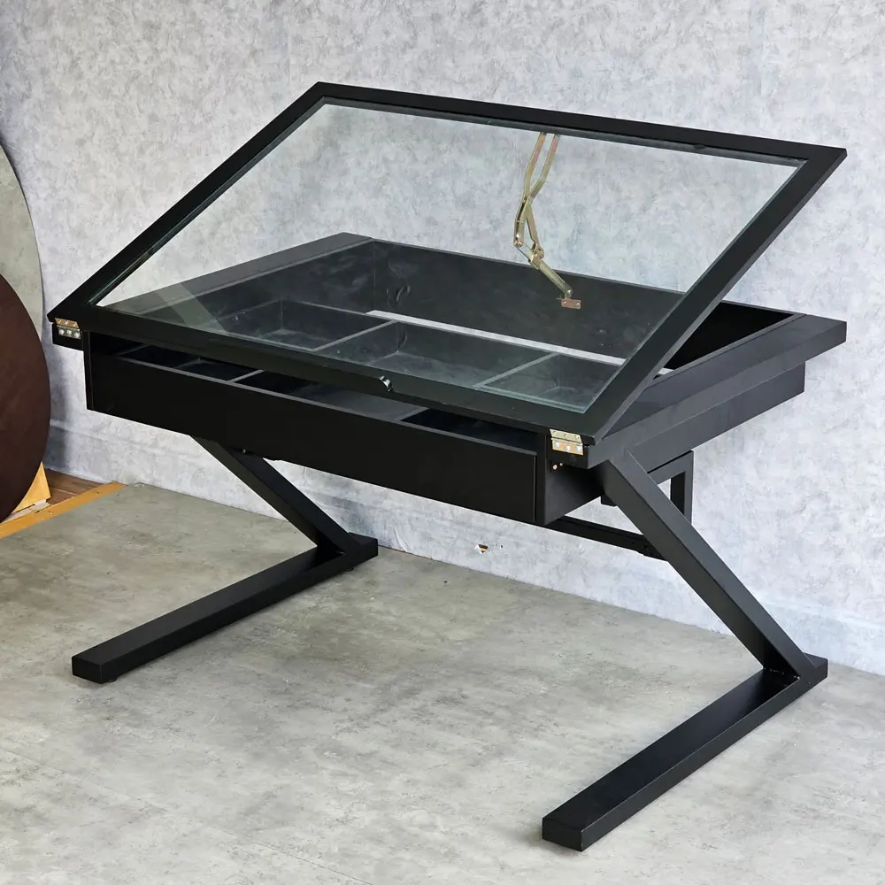 Drawing Table DD68007 Adjustable Modern Architectural Drawing Table, Metal Stand, Glass Desktop, Freestanding, Office/Study/
