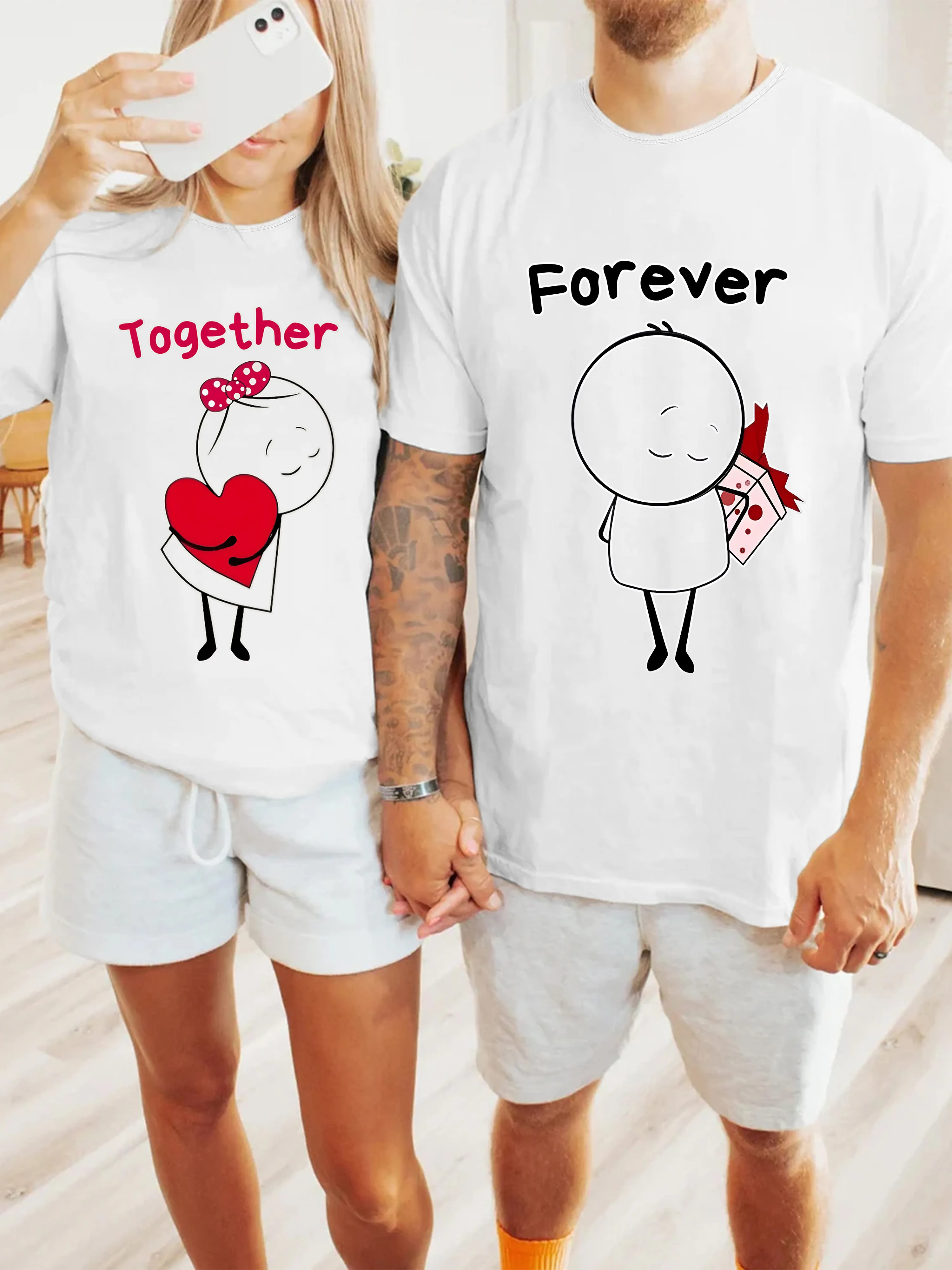 

Couple's Matching Crew Neck T-Shirts Geometric Print Smooth Polyester Spandex Blend All Season Casual Wear |Micro Elasticity