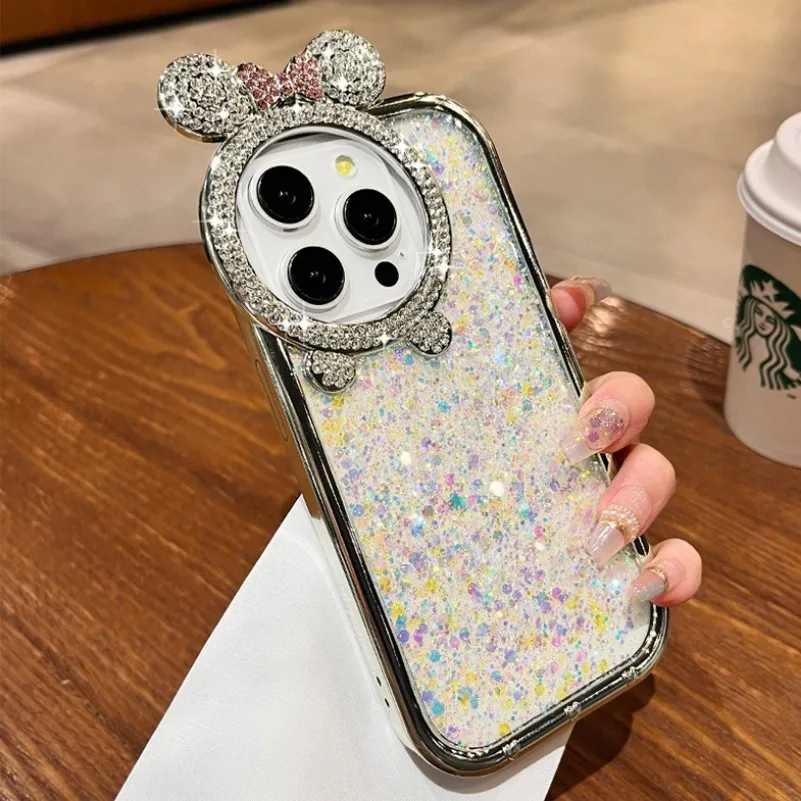 Custodia per orecchie con orso di diamanti per iPhone 15 Pro Max 14 Pro 12 13 Pro Max placcatura con paillettes colorate custodia morbida per ragazza di lusso in Silicone