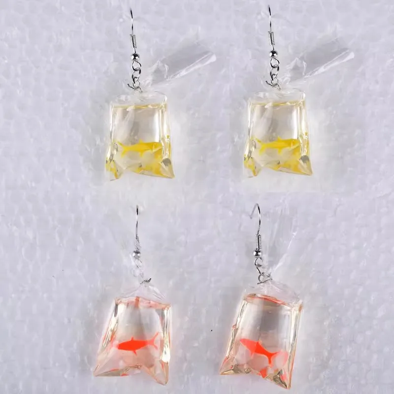 Transparent resin Kawasaki Yellow -red Water Bag Golden Fish Earrings Cute Japanese and Korean Girls Special Fish Bag Handmade D