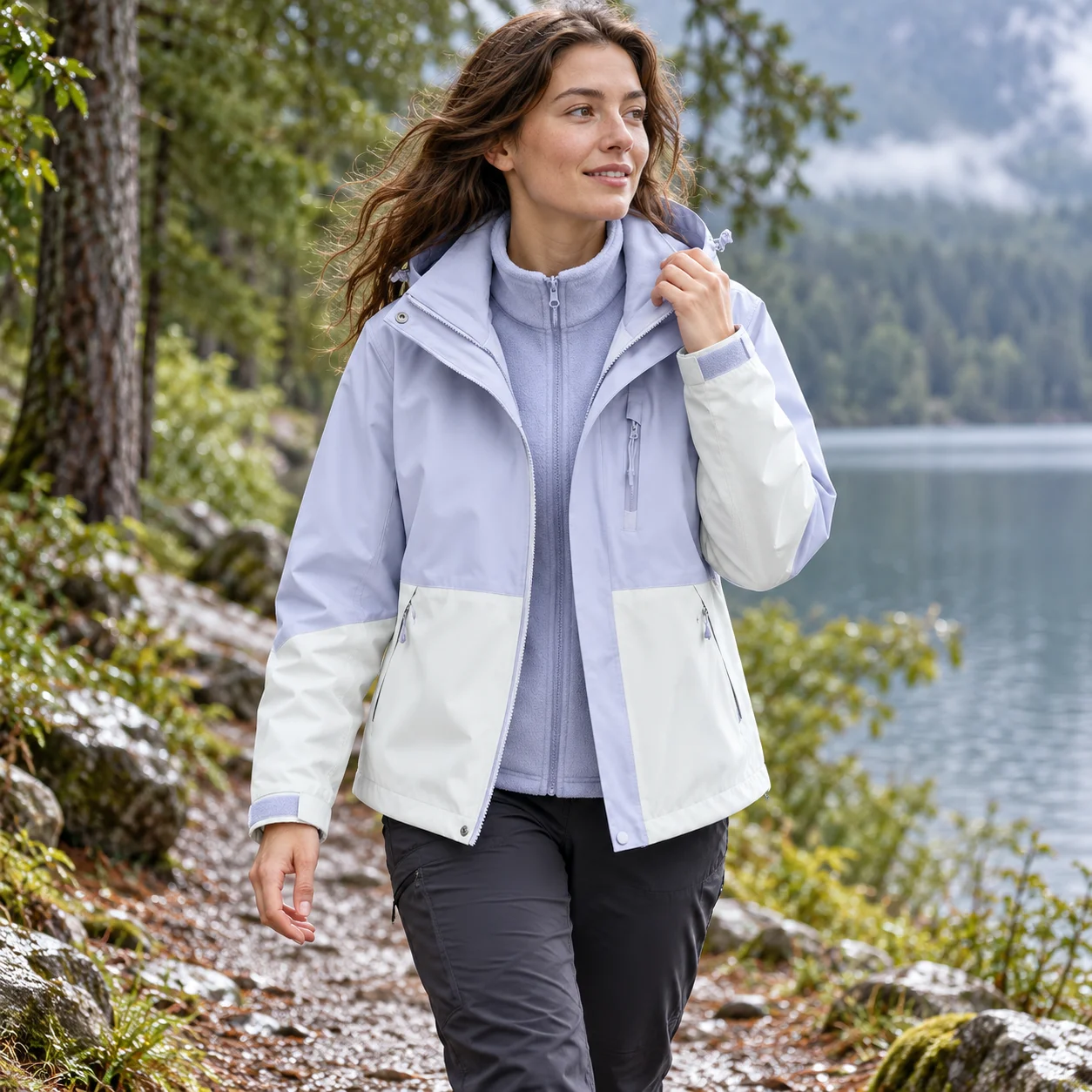Women 3 in 1 Waterproof Windproof Detachable Jacket Outdoor Hiking Camping Warm Fleece Liner Hooded Coat Light Blue Outerwear