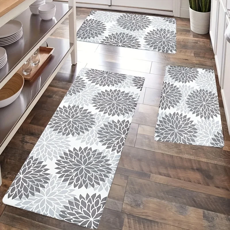 1pc grey print kitchen rug, non-slip machine washable flannel floor mat, suitable for hallway door kitchen