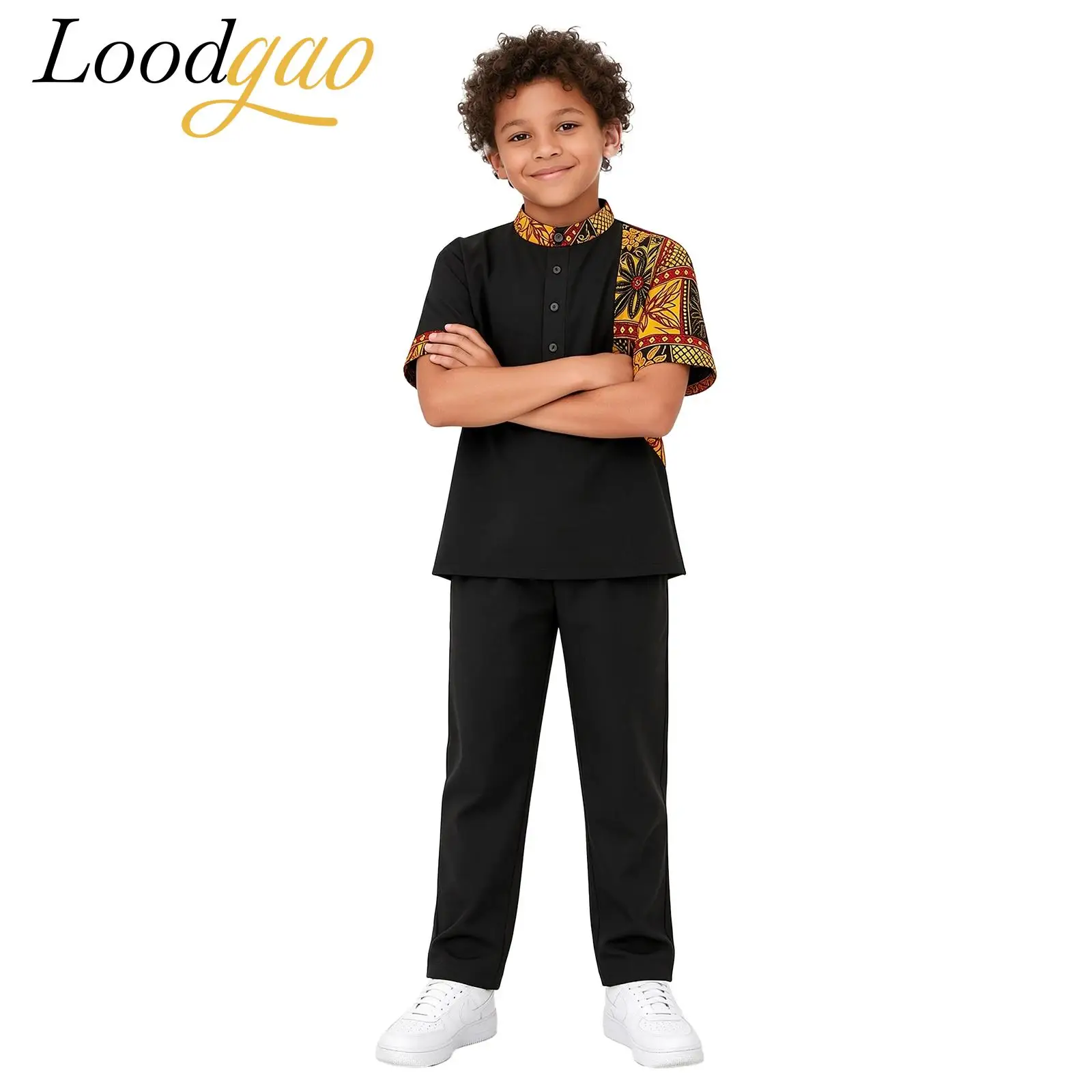 Boys African Outfit Kids World Apparel Short Sleeve Button-up Printed Dashiki Top with Pants Child Africa Traditional Clothing