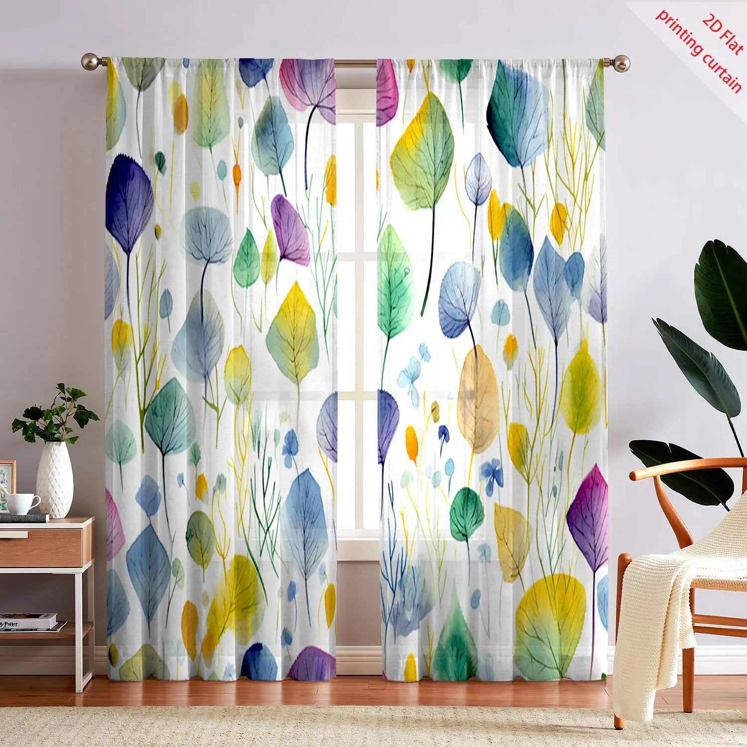 Colored leaf printed transparent gauze curtain, used for office bedroom living room balcony windows, home aesthetic decoration