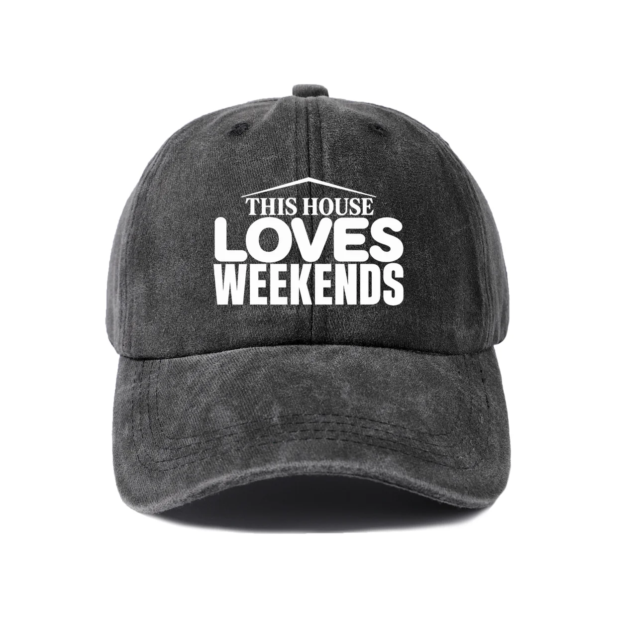 This House Loves Weekends Graphic Vintage Washed Baseball Cap, Adjustable Unisex Dad Hat, Casual Gift