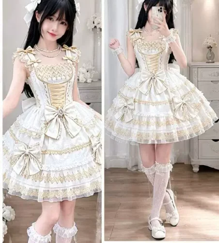Sweet Bow Elegant Lace Lolita Jsk Princess Suspender Dress Fashion Versatile Age Reduction High Waist Party Cake Fairy Dresses