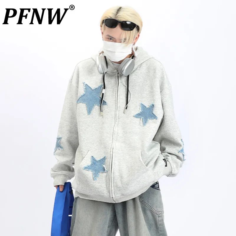 

PFNW American Patchwork Patch Cardigan Hooded Jacket Men's Vintage Long Sleeve Trendy Loose High Street Autumn Male Tops 28W4428