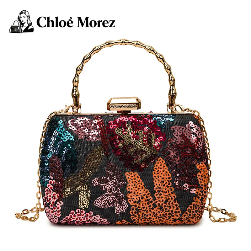 

Embroidered Flower Banquet Bag Fashionable and Versatile Single Shoulder Cross Shoulder Sequin Box Bag Trendy